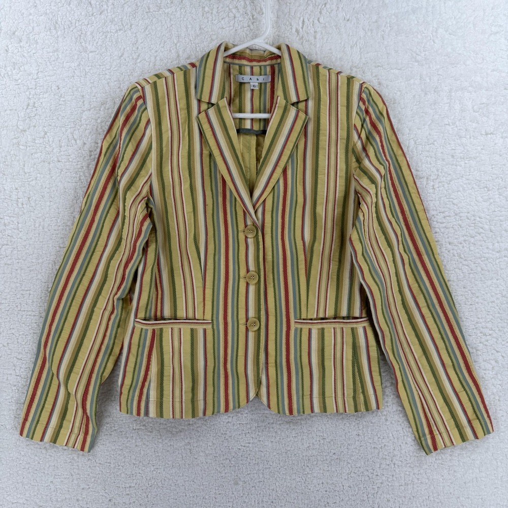 CAbi Blazer Jacket Womens 6 Yellow Striped Cotton Blend Button Front Made USA